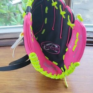 Girls Pink and Black Baseball Glove with Neon Accents